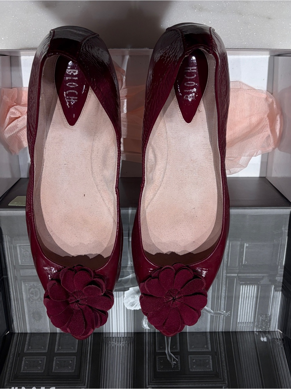 Bloch Florrie Burgundy Patent Leather Ballet Flats with Floral Accent